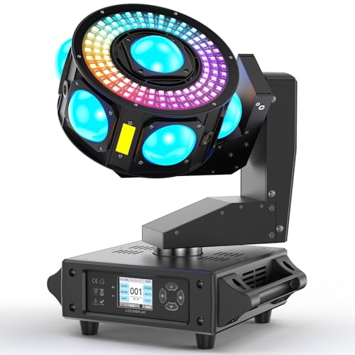 DJ Moving Head Light,XYZ 3-Axis Infinite Rotating 7 LED Beams Stage Lighting with 108×0.2W Colorful Circle,Starry,Amber Strobe Effect,Sound Activate DMX512 19/25CH for Disco Party Wedding Live House