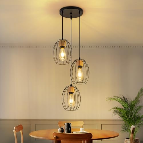 Kowanie 3 Lampes Suspension Luminaires Vintage, Industrielles Métal Lampe Suspendue Style Cage, E27 Plafonnier Lampe avec Bois Rétro Pour Manger, Cuisine, Salon, Chambre (sans source lumineuse)