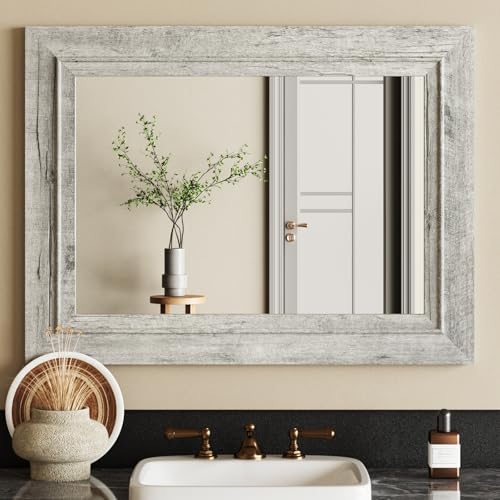 Rustic Wall-Mounted Vanity Mirror, Solid Wood Frame Bathroom Mirror, Farmhouse