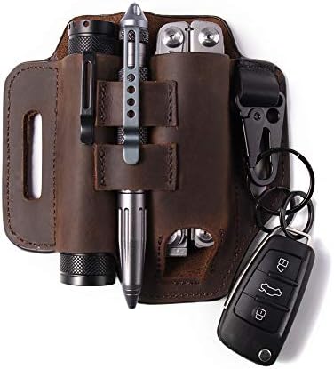 Gentlestache Multitool Belt Sheath, EDC Leather Belt Organizer, Belt Holder with Multitool Pouch, Flashlight Holder, Pen Holder and Keychain Clip, Practical EDC Belt Pouch for Men Dark Brown