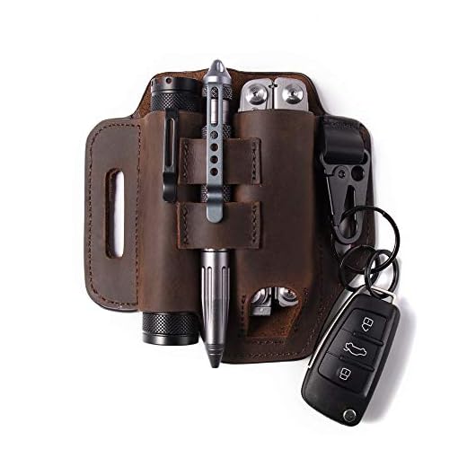 Gentlestache Multitool Belt Sheath, EDC Leather Belt Organizer, Belt Holder with Multitool Pouch, Flashlight Holder, Pen Holder and Keychain Clip, Practical EDC Belt Pouch for Men Dark Brown