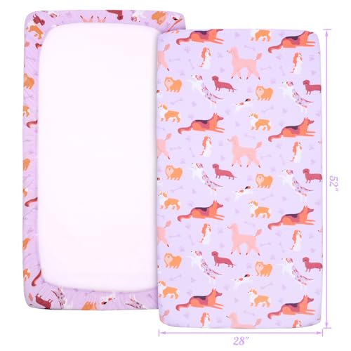 Image of UOMNY Crib Sheet 52x28 Baby Sheet for Girls Breathable Dog Fitted Crib Sheet for Standard Crib and Toddler Mattress Soft Toddler Sheet Purple