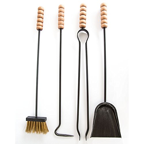 Juego de herramientas para chimenea de hierro con pomos de madera, modelo rústico, 4 unidades