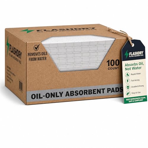 Image of FlashDry Oil Absorbent Pads, Fast-Absorbing Oil-Based Fluid Pads for Garage, Shop, Driveway, Automotive & Marine Use, Tear-Resistant Oil Absorbing Sheets, 17.5 inch x 13.5 inch, 100-Count Dispenser Box