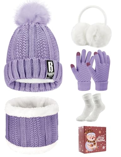 Tuopuda 5 en 1 Tricotés Ensemble Femme Hiver Bonnet Echarpe Gants d'écran Tactile Doublure Doux Beanie Pompon Chaud Cache Oreilles Chaussettes Thermiques, Violet Avec Boîte cadeau