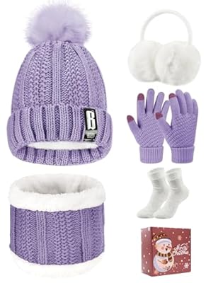 Tuopuda Gorro Bufanda de punto Set Invierno con Guantes de Pantalla Táctil Orejeras de Cálida Calcetines de Forro 5 en 1 Conjunto de Bufanda, Morado con caja de regalo | Ya disponible en tu tienda friki favorita! En mundofriki.es!