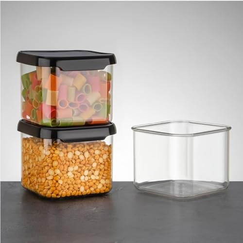 Image of 500ml Square Container Set of 12 | Black Plastic Kitchen Storage Boxes | Airtight Food Containers for Home, Pantry, Snacks, Grains, Spices | Durable & Space Saving Organiser