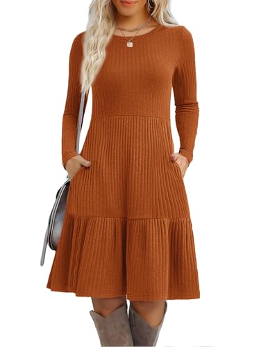 Zeagoo Womens Fall Dresses with Pockets Crew Neck Ribbed Knit Knee Length Sweater Dress Trendy Flowy Tunic Dress 2025 Caramel Color M