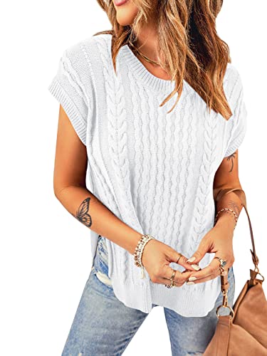 Aoysky Women's Cable Knit Sweater Vest Sleeveless Ribbed Summer Pullover Tops White #TOP24