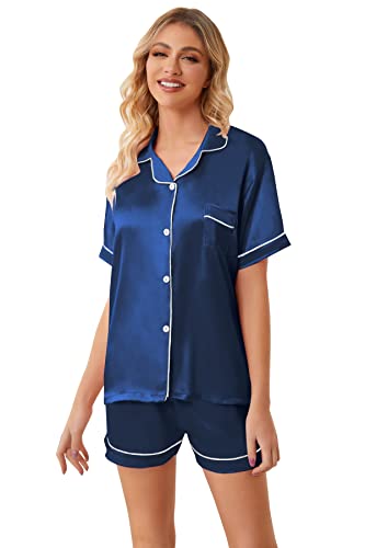 Image of Umeyda Women & Girls Pajamas Set, 2 Piece PJS Satin Silk Sleepwear Button-Down Top with Shorts for Mom Kids Gifts