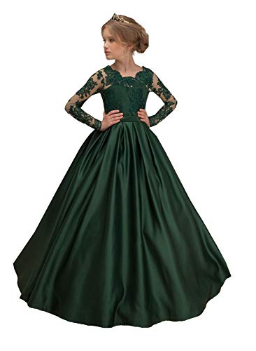 Junguan Girls' Long Sleeves Pageant Dresses Lace Aline Princess Prom Dress Formal Ball Gowns with Pockets TF006