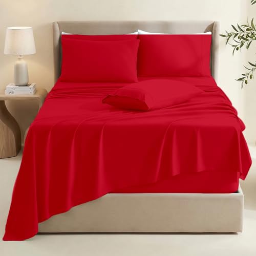 Image of Hearth & Harbor Extra Deep Pocket Sheets - Fits Mattress 18-24 Inches Deep - Extra Deep Pocket Full Size Sets - 6 Piece Full Size - Full - Cherry Red
