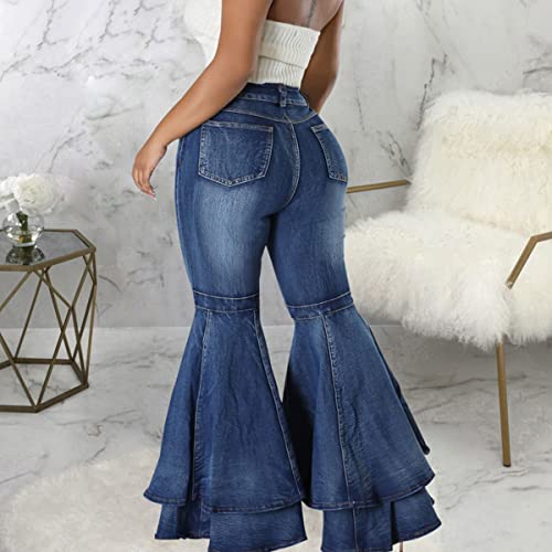 ThusFar Bell Bottom Jeans High Waisted Pleated Layered Ruffle Hem Flared Wide Leg Denim Pants 70s Outfits for Women3