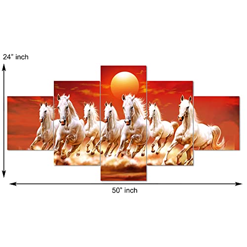 Image of Clasiko Set Of 5 Pcs 3D Wall Painting With Frame; Color - 7 Horses With Sun; Size - 24x50 Inches;