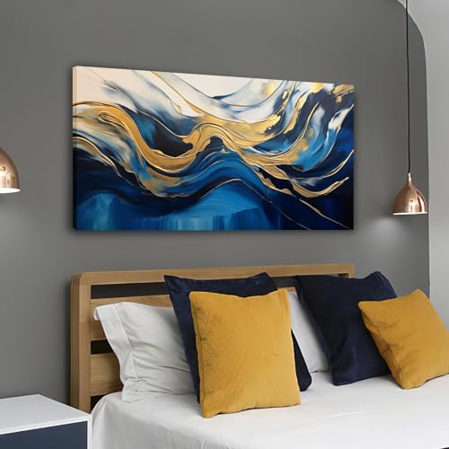 Peinture sur toile abstraite bleue prête à accrocher pour mur vide