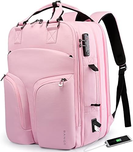 BANGE 35L Pink Travel Backpack for Women, Large Lightweight Airplane Approved Weekender Bag for Women,Daypacks Carry on Backpacks for Nurses Teacher College,TSA Anti Theft Backpack fit 17.3inch Laptop