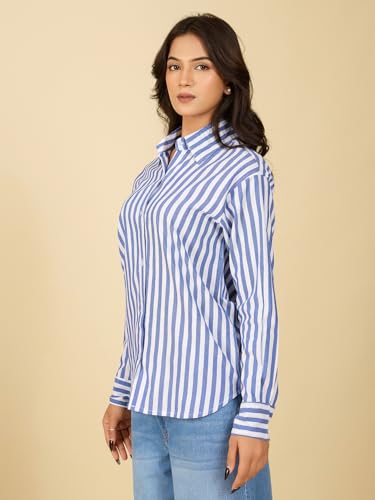 Image of Women's Cotton Striped Shirt | Casual Button Down Shirts for Women | Full Sleeve Stylish Office Wear Top | Regular Fit Color