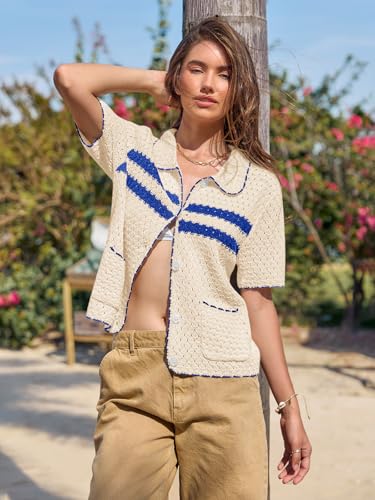 Image of Yousify Womens Casual Summer Short Sleeve Sweaters Button Down Crochet Knit Tops 2026 Loose Cute Cardigan Sweater