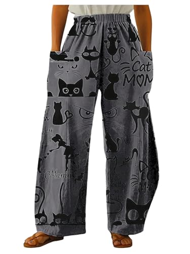 SOLY HUX Women's Graphic Wide Leg Pants Cat Print Elastic