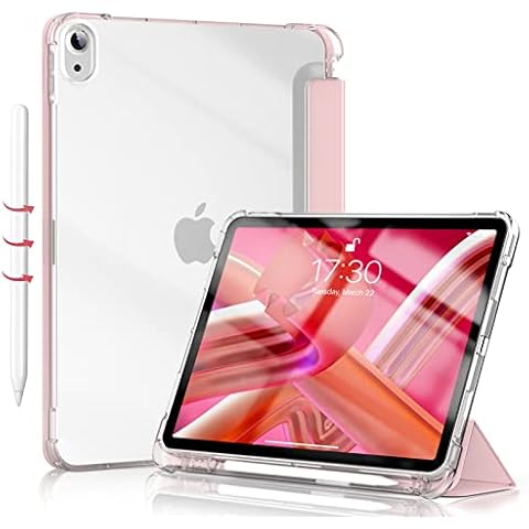 ZOYU Case for 10.9 Inch iPad Air 5th Generation(2022)/iPad Air 4th Generation(2020) with Pencil Holder, Auto Wake/Sleep, Slim Soft TPU Clear Lightweight Trifold Stand Shell Shockproof- Pink Cover