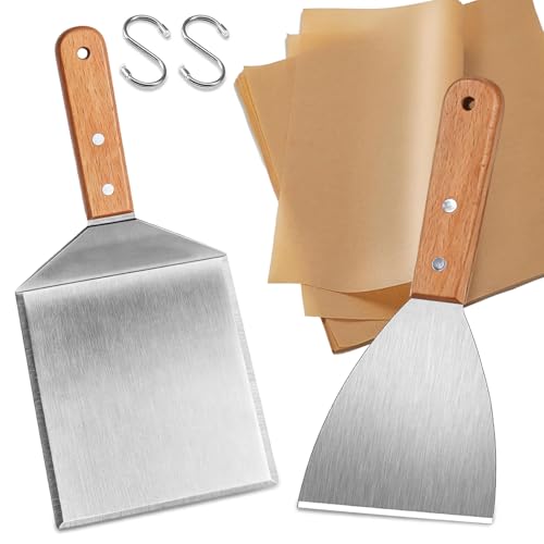 2 PcsSpatule Plancha Inox, Spatule Barbecue, Spatule Inox Cuisine avec Manche en Bois, Spatules à Griller pour Smash Burger Hamburger BBQ Ustensile de Cuisine + 20...
