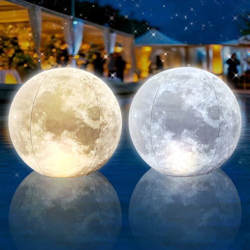 Cootway Full Moon Floating Pool Lights - 15" Inflatable Waterproof Solar Pool Lights that Float, Cool White&Warm White Light Up Pools Balls, Float or Hang in Pond Backyard Garden Party Decorations(2)