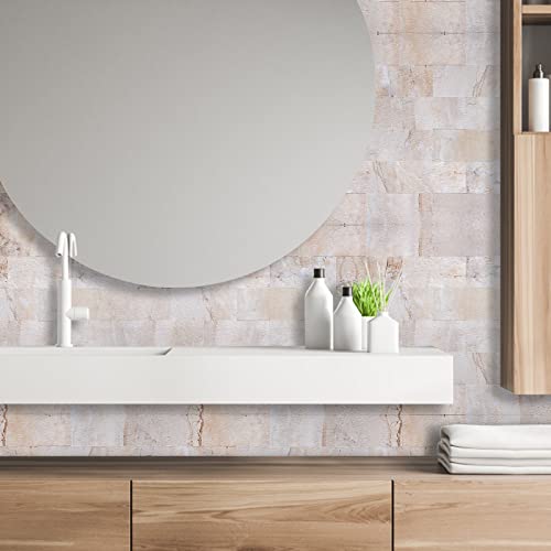 10-Pack Peel And Stick Tile Backsplash For Kitchen 12"X12" Thicker Stone Panel Stick On Backsplash For Bathroom Tile, Stair Decals, Laundry Table, Bedroom In Beige #TOP2