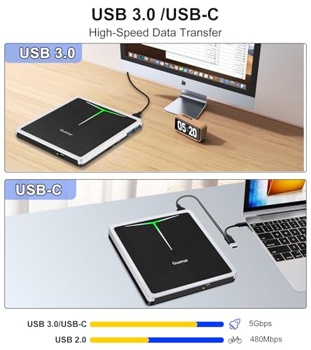 Guamar External DVD Drive for PC: USB-C CD Burner Player for Laptop Mac Windows 11 with SD/TF Slot/2 USB Ports/Carrying Case Read Write Music/Movie/Photo Portable Plug & Play