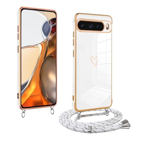 ESONG Cover per Google Pixel Pro con Tracolla Custodia Collana con Carina Motivo Cuore per ragazze Ultra Sottile elettropaccato originale Shell Case con Cordino-Bianco donna silicone