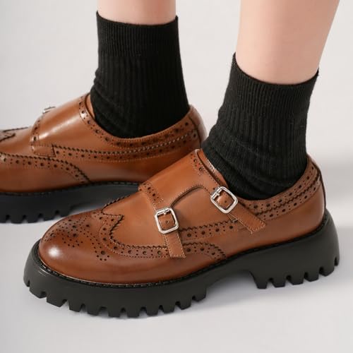 Image of BEAU TODAY Chunky Loafers for Women, Women's Leather Platform Loafers, Lug Sole Tassel Slip On Loafers Shoes Brogues Wingtip Casual Business Shoes Comfortable Dressy