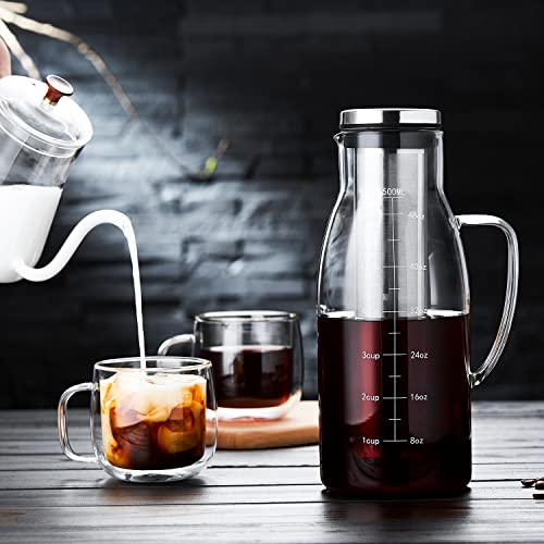 Cold Brew Coffee Maker, 1500ml/51oz Iced Coffee Maker with Airtight Lid and Removable Stainless Steel Filter, Cold Brew Pitcher For Coffee Iced Tea Maker, Glass Pitcher Carafe Pour Over Coffee Maker