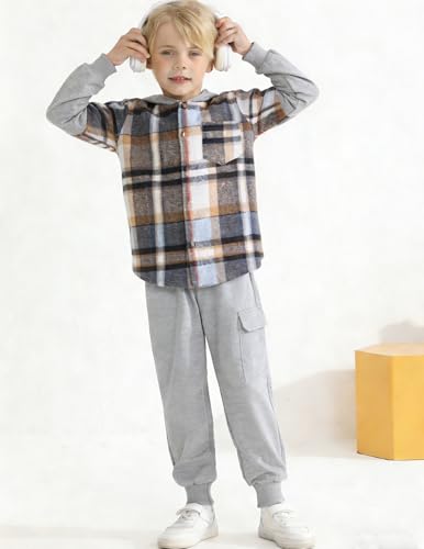 Image of 2Pcs Boys Clothes Sweatsuit Set Hoodie Flannel Plaid Shirt and Jogger Pants for Kids Fall Winter Spring Outfits