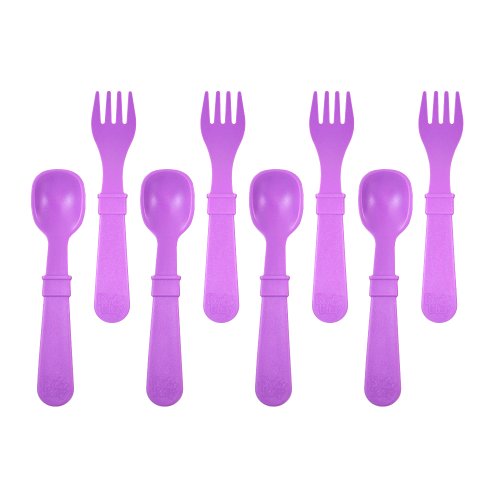 Re Play Made in USA 8pk Toddler Feeding Utensils Spoon and Fork Set, Made from BPA Free Environmentally Friendly Recycled Milk Jugs, Dishwasher Safe, Purple (Without Carrying Case)