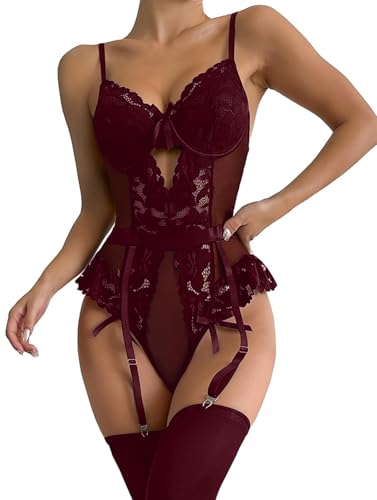 Image of Lilosy Sexy Stocking Lace Mesh Bodysuit Top Underwire Garter Lingerie Set 3 Piece