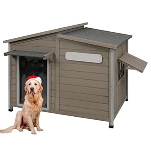 Dog House Outdoor Weatherproof Large Wooden Dog Kennel Indoor with Chew-Proof Iron Frame, Removable Floor, and Adjustable Window for Large and Medium Dogs (Grey, 43.5″D x 29.5″W x 33.5″H)