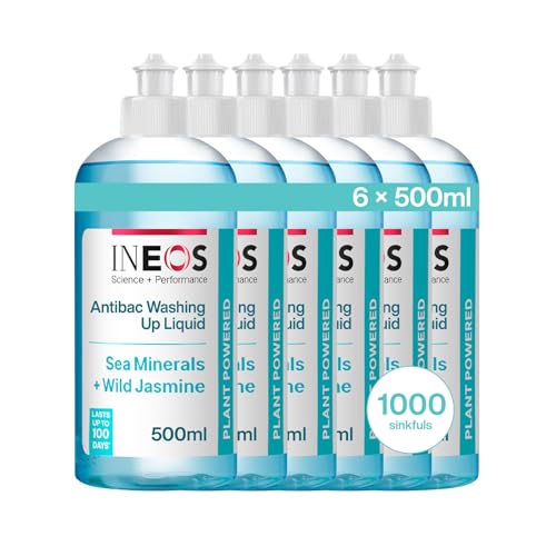 INEOS Next-Gen 2in1 Washing Up Liquid, 3L (500ml x 6), 1000 Sinkfuls, Dishwashing + Handwashing, Plant Powered, Sea Minerals + Wild Jasmine