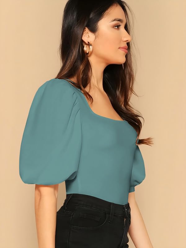 Dream Beauty Fashion Women's Bishop Puff Sleeves Square Neck Slim Top Polyester Blend (BZF-Top-Eva)