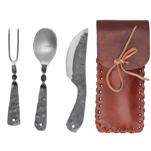 Ironsmith Co. Medieval Eating Set With Pouch | Hand-Forged High Carbon Steel Knife Spoon And Fork | Twisted Handles | Leather Belt Sheath