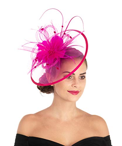 Lucky Leaf Women Girl Fascinators with Hair Clip Hairpin Hat Bowknot Feather Flower Veil Cocktail Wedding Tea Party Hat (8-Fuschia)