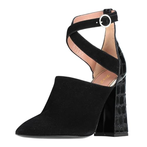 FOWT Women Pointed Toe Strappy Pumps Hollow Cut Chunky Block High Heels Cross Straps Sexy Dance Party Shoes Size 4-16 US