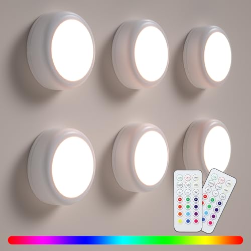 BESTDLCLITE LED Puck Lights with Remote Control, 13-Color Under Cabinet Lighting Wireless, Battery Operated Stick-On Lights, Dimmable Push Light for Closet/Shelf/Wall (6 Pack)
