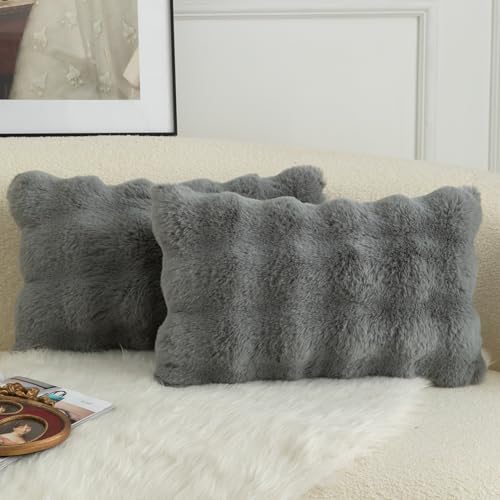 Image of MANDIOO Pack of 2 Thick Plush Wool Decorative Throw Pillow Covers Super Soft Wave Bubble Fur Velvet Cushion Covers Pillow Shams for Couch Bed Living Room 16x24 Inch Gray