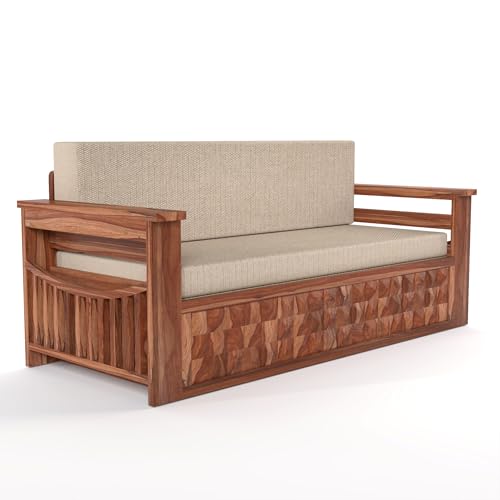 Image of Mamta Furniture Solid Sheesham Wood Sofa Set 3 Seater Furniture Wooden 3 Seater Sofa Cums Bed for Home Living Room with Cushions (Honey with Cream, 3 Seater Design 1)