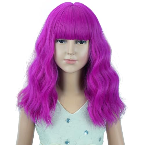 Image of Kids Purple Red Wig Girls Short Magenta Wavy Curly Wigs Child Magenta Wig with Air Bangs Synthetic Cosplay Hair Wigs