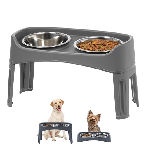 IRIS USA Elevated Dog Bowls Adjustable Stand, Raised Feeding Station with 2 Stainless Steel 64 oz Bowls, Spill Guard, Dual Height 12.25" or 4.63", Made in USA, Dark Gray by IRIS USA - Used condition - US$19.88