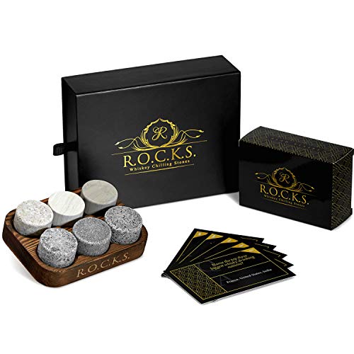 Whiskey Steine Set & Whisky-Quiz - 6 Handgefertigte Runde Premium Granit Whisky Steine - Eiswürfel Wiederver-Wendbar Whisky Geschenkset Geschenk Für Männer Quiz Mit 100 Fragen - Für Whisky-Liebhaber Cover