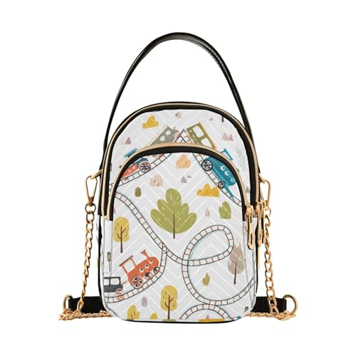 Shoulder Handbag Women Quilted Phone Purse Chain Strap Handbag Fun Designer Satchel Crossbody Bag Cute Cartoon Trains Tracks Beige