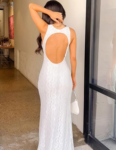 Image of Elegant Lace Floral V Neck Backless Bodycon Dresses for Women Sexy Cut Out Low Back Sleeveless Maxi Dress Wedding Guest
