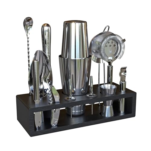 Highball & Chaser 13-Piece Boston Cocktail Shaker Set Stainless Steel Mixology Bartender Kit With Stand For Home Bar Cocktail Set | Laser Engraved Cocktail Tools | Plus E-Book with 30 Cocktail Recipes