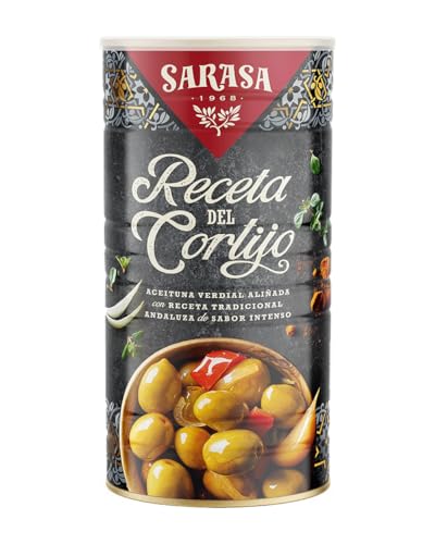 ' RECETA DEL CORTIJO' SARASA - SABROSAS ACEITUNAS ALIÑADAS CON RECETAS TRADICIONALES (1 LATA, PESO NETO 1450g (PESO ESCURRIDO 750g))